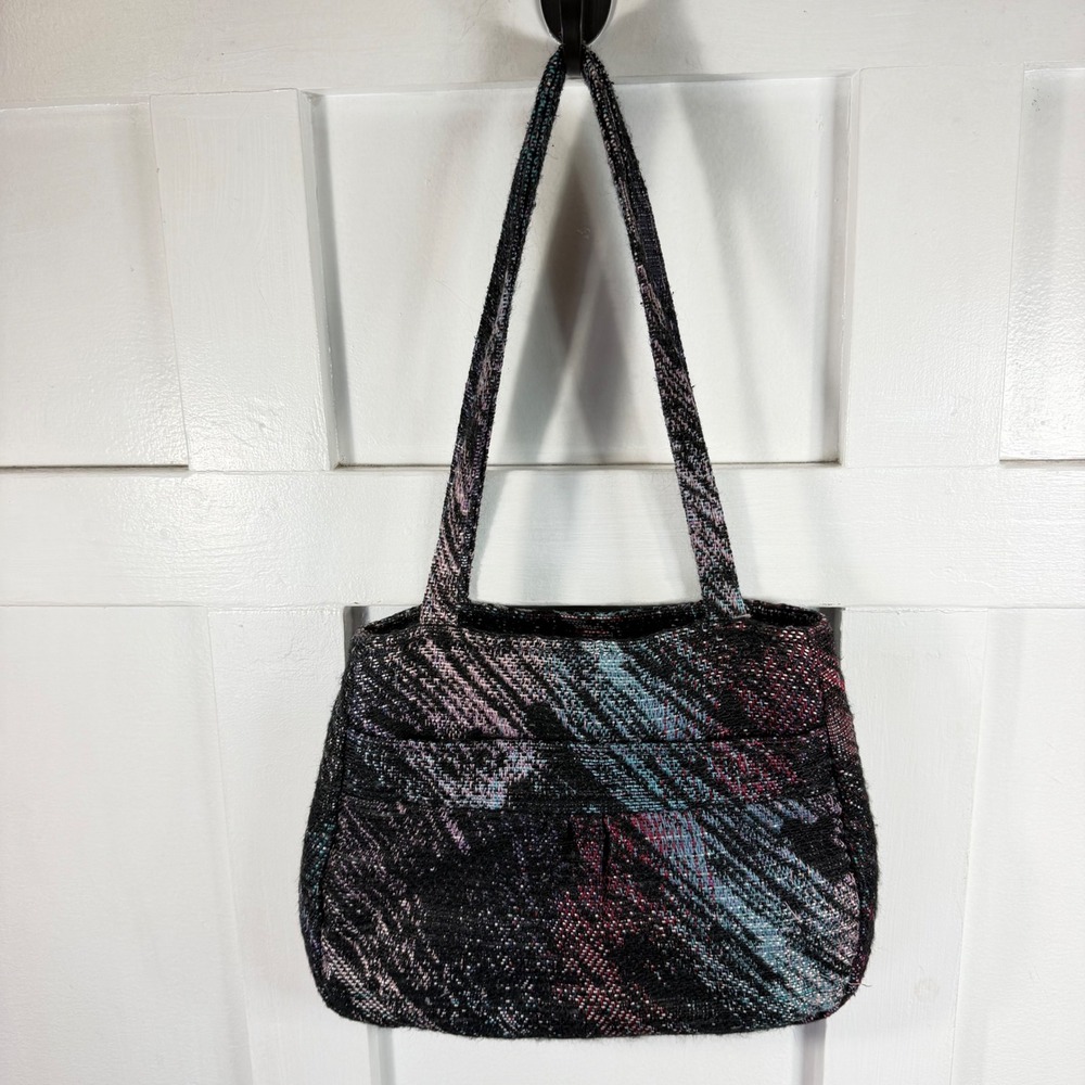 Woven Tapestry Multi-Color Abstract Shoulder Bag Tote with Pockets Black Multi
